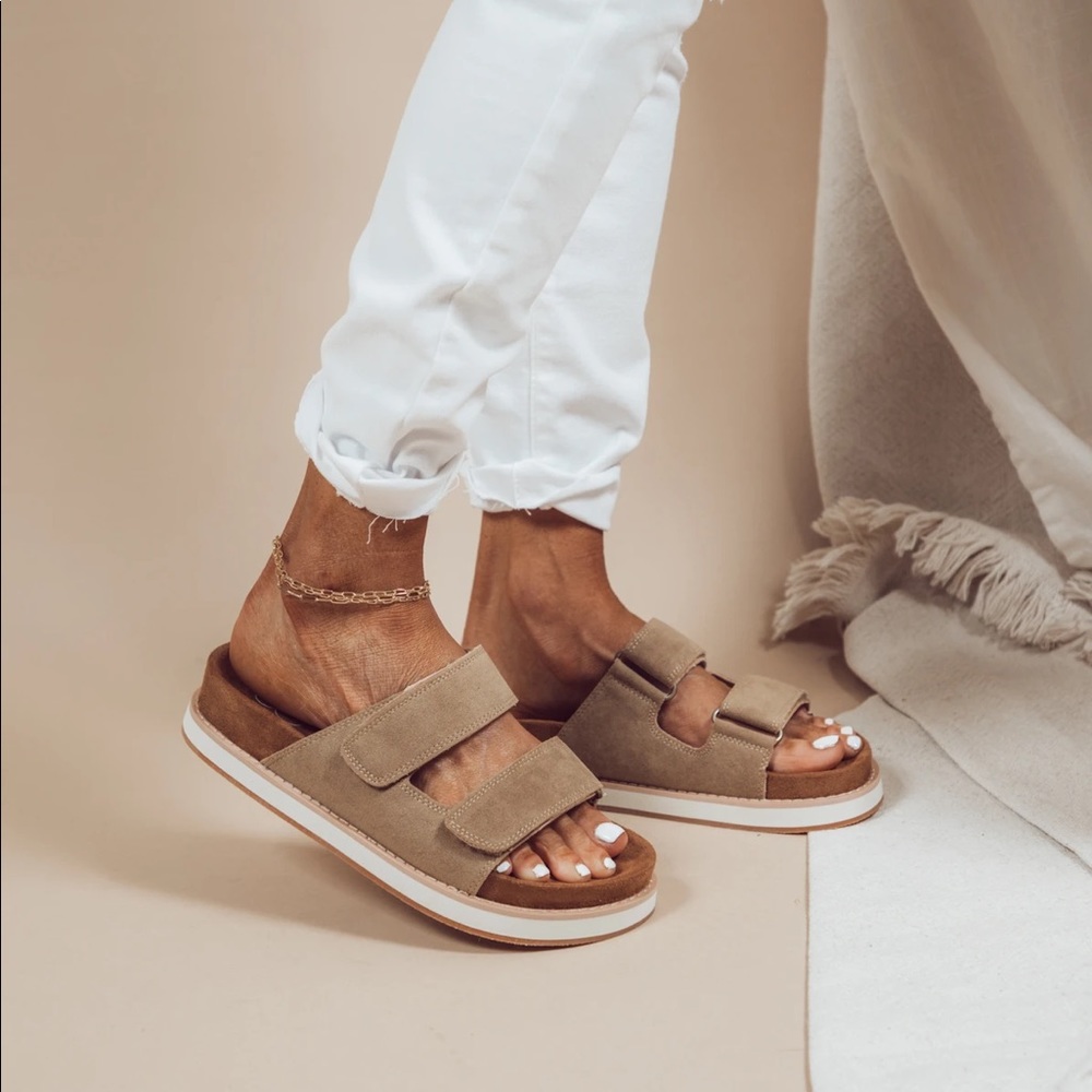 Beth Khaki Double Buckle Slides